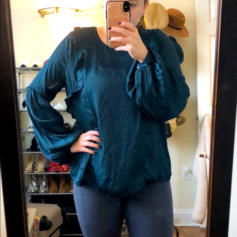 Lush Forest Green Silky Blouse with Ruffle Detail